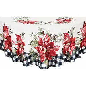 Poinsettia Festivity Gingham Bordered Christmas Fabric Tablecloth, Holiday Red Poinsettia & Holly Print, Easy Care Stain Release, 60 x 84 Inch Oval
