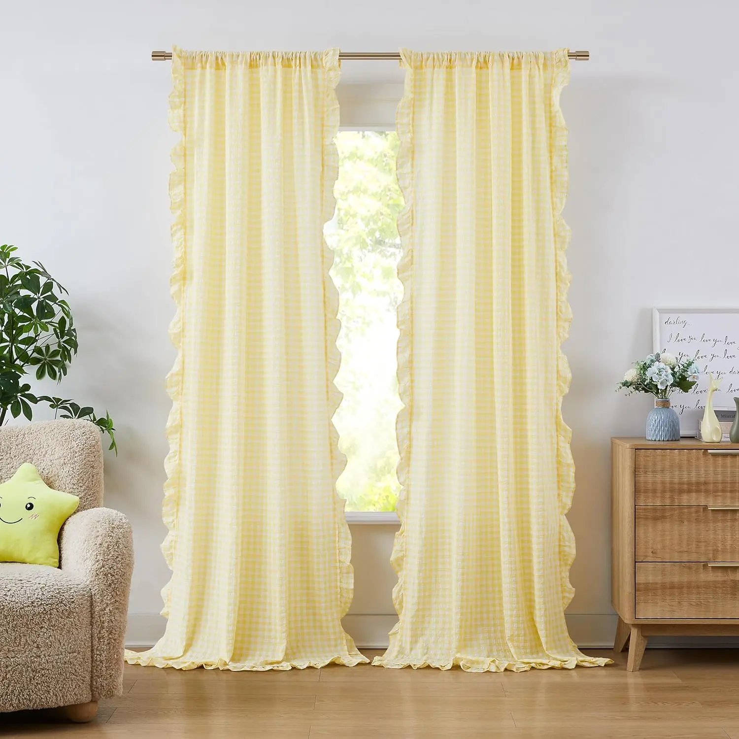 Shabby Chic Yellow Ruffled Curtains 84 Inches Long,Rustic Buffalo Plaid Crinkled Not-See-Through Sheer Drapes,Farmhouse Window  for Bedrooms Living Room,Rod Pockets,40"x84",Pack of 2