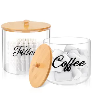 2PC Coffee Pod Holder with Bamboo Lid, K Cup Holder Kcup Organizer 5in & 6in, Coffee Filter Holder for Counter,Coffee Creamer Container Compatible with Nespresso Vertuo Capsule