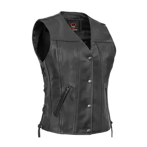 DANIEL SMART Swift™ Women's Leather Motorcycle Vest - Soft Premium Grade Milled Cowhide, V-Neck, Side Laces, Antique Black 4-Snap Closure, Zippered Pockets, Reinforced Shoulder Support, Black, XS-5XL