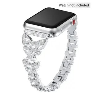 Rhinestone Butterfly Decor Sparkling Rhinestones Watch Band (Band Only), 1 Count Watch Band for Women, Fashion Watch Band for Apple Watch Series 9 SE 8 7 6 5 4 3 2 1 40mm to 49mm, Easy to Install and Remove