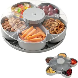 Divided Plate | Rotating Appetizer Plate with Lid - Snack Organizer with Dividers - Suitable for Home, Apartment, Dining Room, Living Room, Picnic, Garden, BBQ, Camping