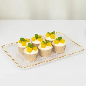 6-Pack Rectangular Acrylic Serving Trays Clear with Gold Beaded Rim - Food and Dessert Platters 9"x13"