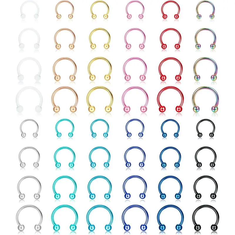 Sanfenly 48Pcs 14G Stainless Steel Horseshoe Nose Septum Rings Piercing Jewelry Cartilage Helix Tragus Earring Hoop Eyebrow Lip Hoop Piercing Ring for Women Men 6mm 8mm 10mm 12mm Beads Gold