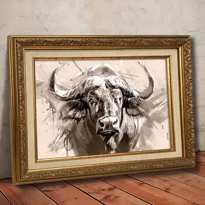 1Count Vintage Framed Painting, Wild Buffalo Head Art, Nordic Style, Retro Poster Art, Valentine'S Day, Christmas And New Year Gift, For Living Room, Bedroom, Office Decor, Print Canvas Artwork