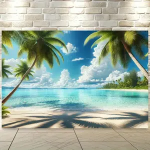 1pc 2D Flat Tropical Beach Backdrop Banner Polyester Fabric Wall Covering with Palm Trees and Ocean View Ideal for Living Room Bedroom Office Outdoor Decor Perfect for Parties and Holiday Gifts No Electricity Needed