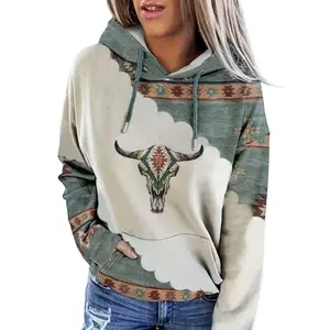 Trendy Aztec Tribal Hoodie Boho Cow Skull Print Oversized Graphic Sweatshirt Y2K Streetwear Aesthetic Must Have Casual Bohemian halloween