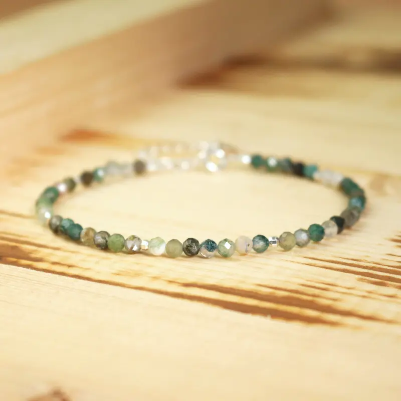 Women's Handmade Natural Moss Agate 3mm Green Crystal Bracelet, 6-7.5" Fit Range, Pretty Bracelet, Minimalist Gemstone Beaded Anklet, Valentine's Day Gift for Crystals Enthusiasts