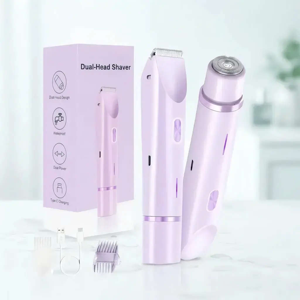 Bikini Trimmer for Women, 2-in-1 Rechargeable Electric Shaver & Epilator, Dual-Head Painless Body & Facial Hair Removal, Waterproof Wet & Dry Cordless Razor for Pubic Hair Face Underarms Legs, Summer Gift