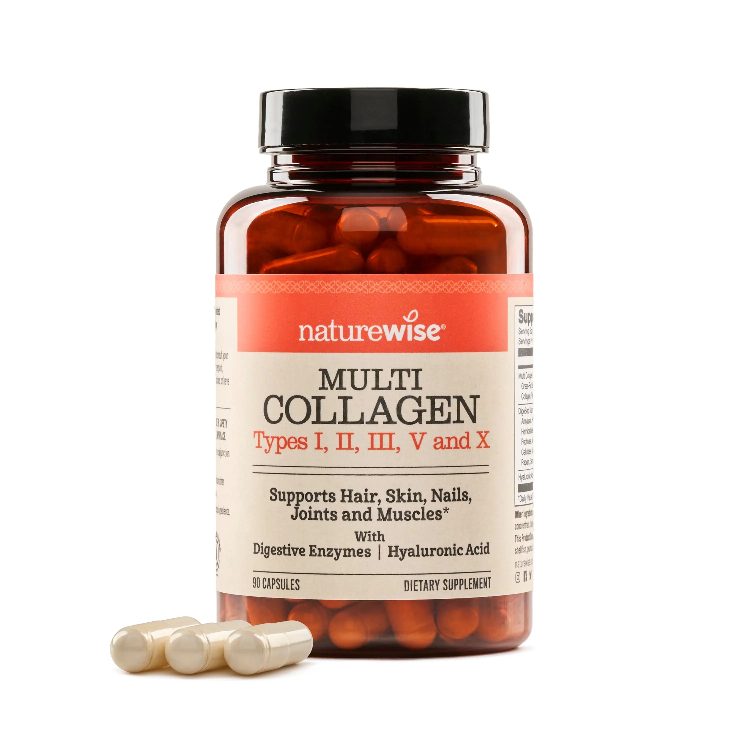 NatureWise Multi Collagen Complex Capsules with Digestive Enzymes & Hyaluronic Acid - For Hair, Skin, Nail, Joint & Muscle Support - Non-GMO, Gluten Free, 3rd Party Tested