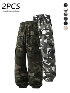 2-pack men’s camouflage cargo jogger pants, drawstring elastic waistband, multiple pockets on the sides, trendy versatile casual cargo joggers