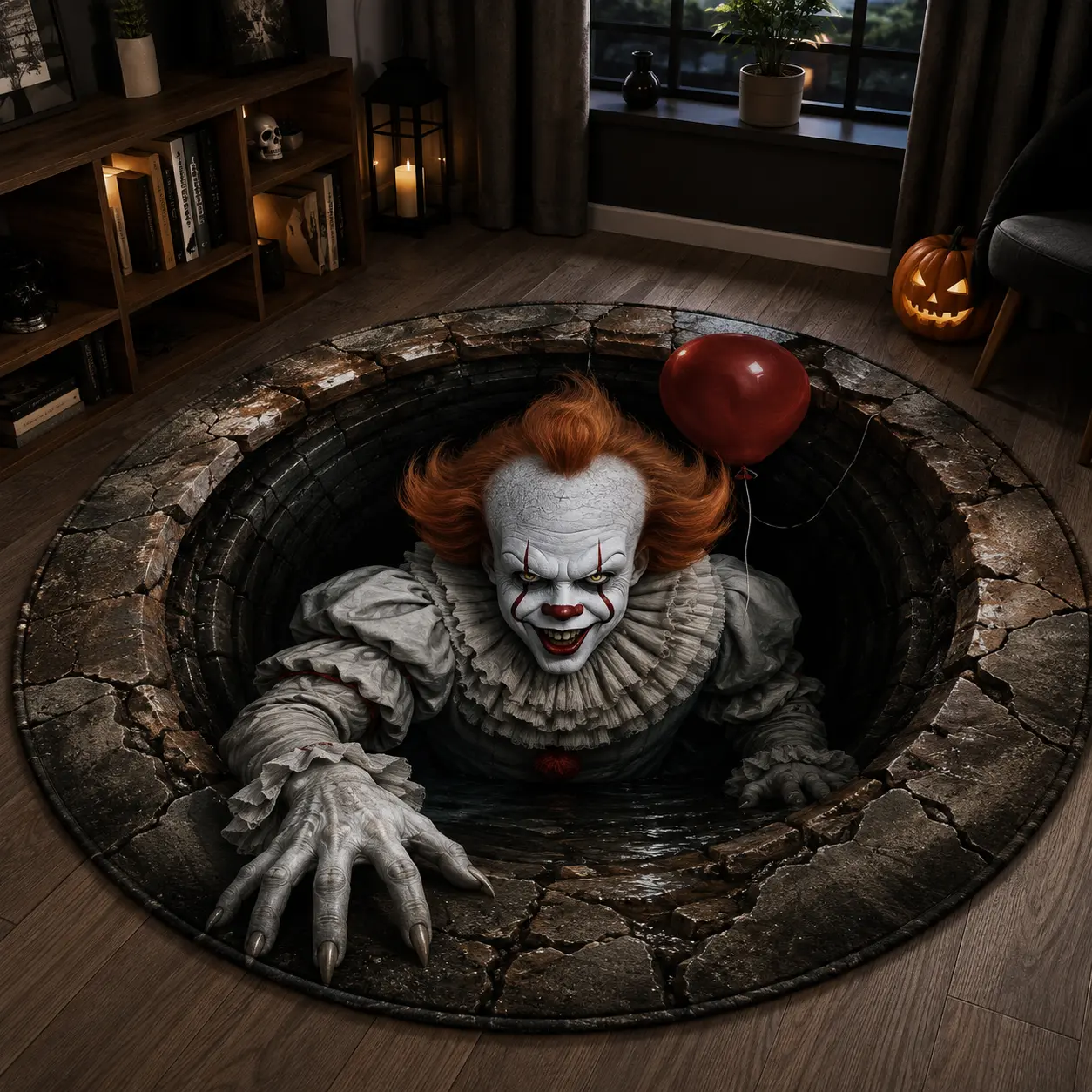 Creepy Clown 3D Illusion Round Rug, Halloween Horror Area Rug, Scary Carnival Clown Floor Mat, Spooky Gothic Home Decor, Halloween Gift