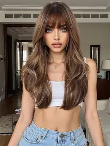 22 Inch Long Wavy Ombre Brown Wigs for Women, Gorgeous Fluffy Wigs with Blunt Bangs, Synthetic Full Machine Wigs for Party, Daily Use