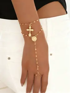 Women's Metal Chain Finger Bracelet Set, Fashion Cross Bangle, Simple Style Cross Pendant Hand Back Jewelry Accessories, Perfect for Daily Wear & Party Gifts