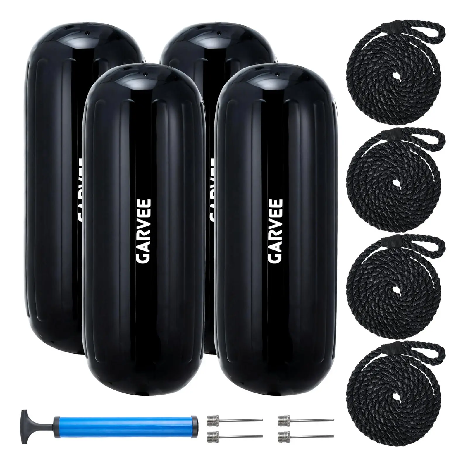 4 Pack Boat Fenders, 10x28'' with Boat Bumpers for Docking, Ribbed Center Hole Design Includes Ropes and Pump for Pontoon, Sailboat, Yacht Protection