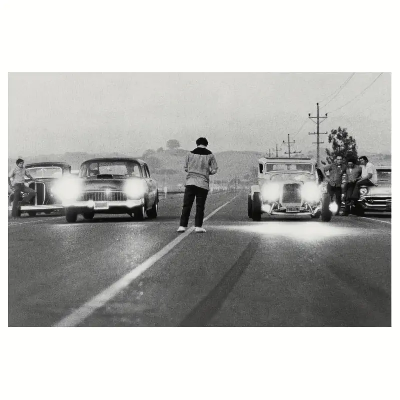 A Style American Graffiti Movie Poster Canvas Wall Art - Wooden Frame, Black and White City Street Scene with Classic Cars and Pedestrians, Perfect for Living Room, Bedroom Decoration or a Gift for Movie Enthusiasts| Wooden Frame Canvas, Car Decoration