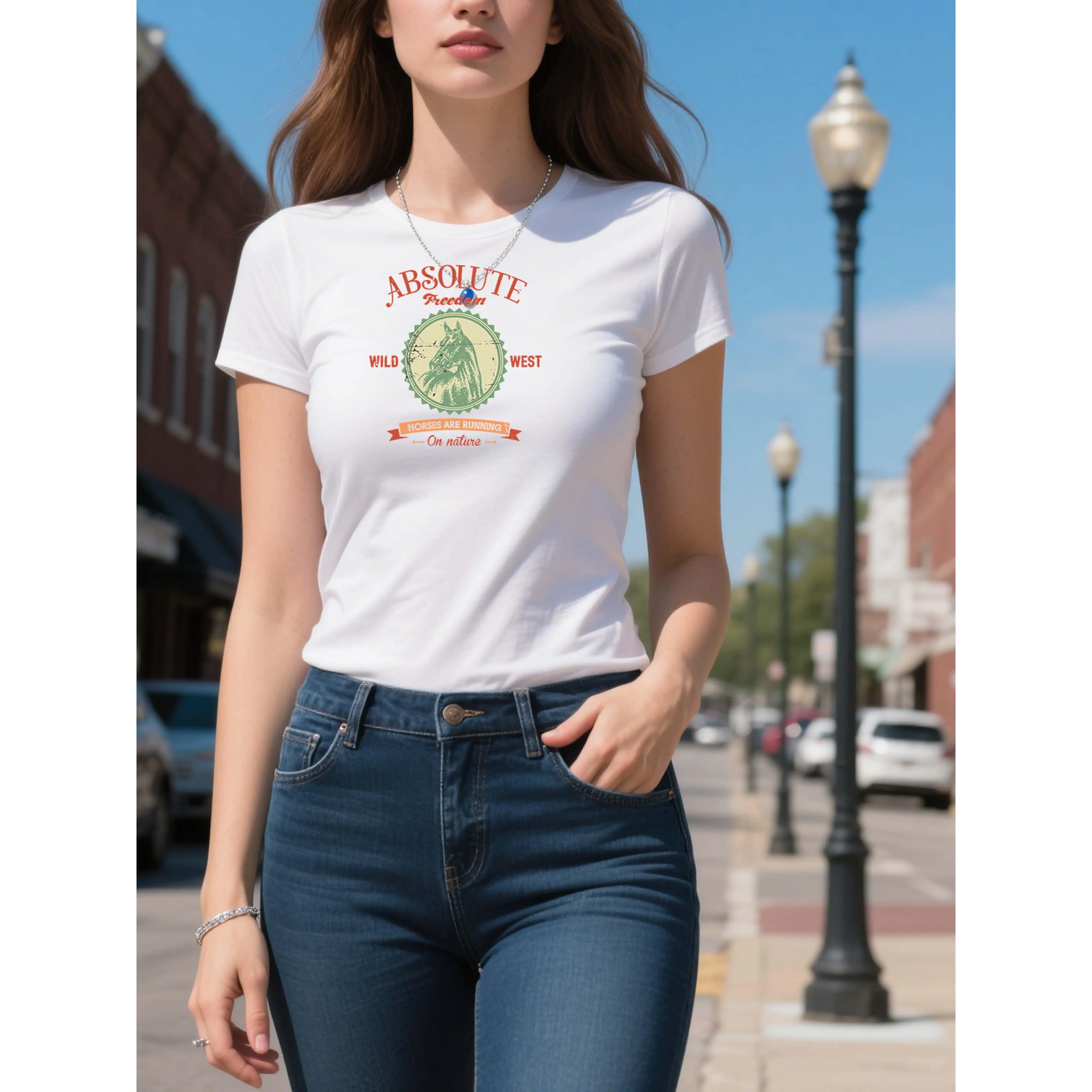 Ladies' "Wild West Freedom Tribute" T - Shirt. Boasting a design with the words "Absolute Recreation WILD WEST" and "Horses are Running On nature", it pays homage to the untamed spirit of the Wild West and the beauty of nature, perfect for those who admir