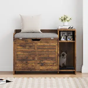 Large Hidden Cat Litter Box Enclosure with Storage Shelf, Flip-Top Wooden Cat House Furniture with Cushion & Mat, Covered Privacy Cat Toilet Cabinet for Indoor, Multi-Functional Cat Washroom Bench for Large Cats, Stylish Pet Furniture
