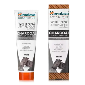 Himalaya Botanique Whitening Antiplaque Charcoal & Black Seed Oil Mint Toothpaste for Whiter Teeth- Fluoride Free, SLS Free, 4 oz