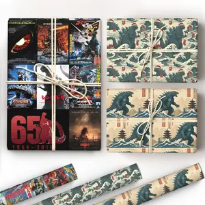 Santazilla Godzilla Christmas Wrapping Paper Retro Kaiju Gift Wrap for Birthdays & Holidays Kaiju Edo Japanese Era Xmas Paper Unique Holiday Decor Gift For Her/Him White Elephant Gag Gift