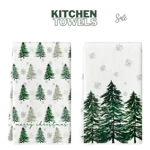 Green Xmas Tree Merry Christmas Kitchen Towels Dish Towels, 18x26 Inch Farmhouse Snowflakes Winter Decoration Cleaning Set of 2
