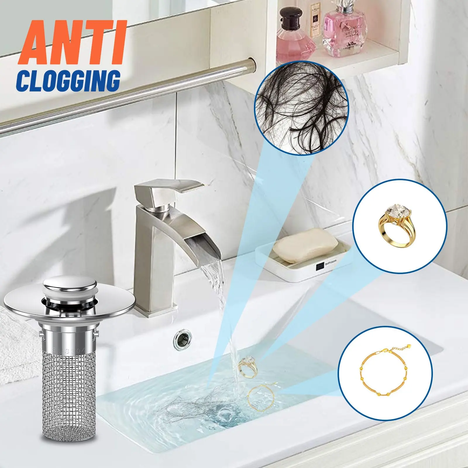 Black Friday Deal 2pc Stainless Steel Bathroom Fixture Accessories - Pop-Up Sink Stopper, Floor Drain Filter Basket Hair Catcher, Drain Pan for Quick Water Flow, Jewelry Guard, 32mm, 1.06-1.26" Inner Diameter, 2 Sizes Fit 99% of Sinks