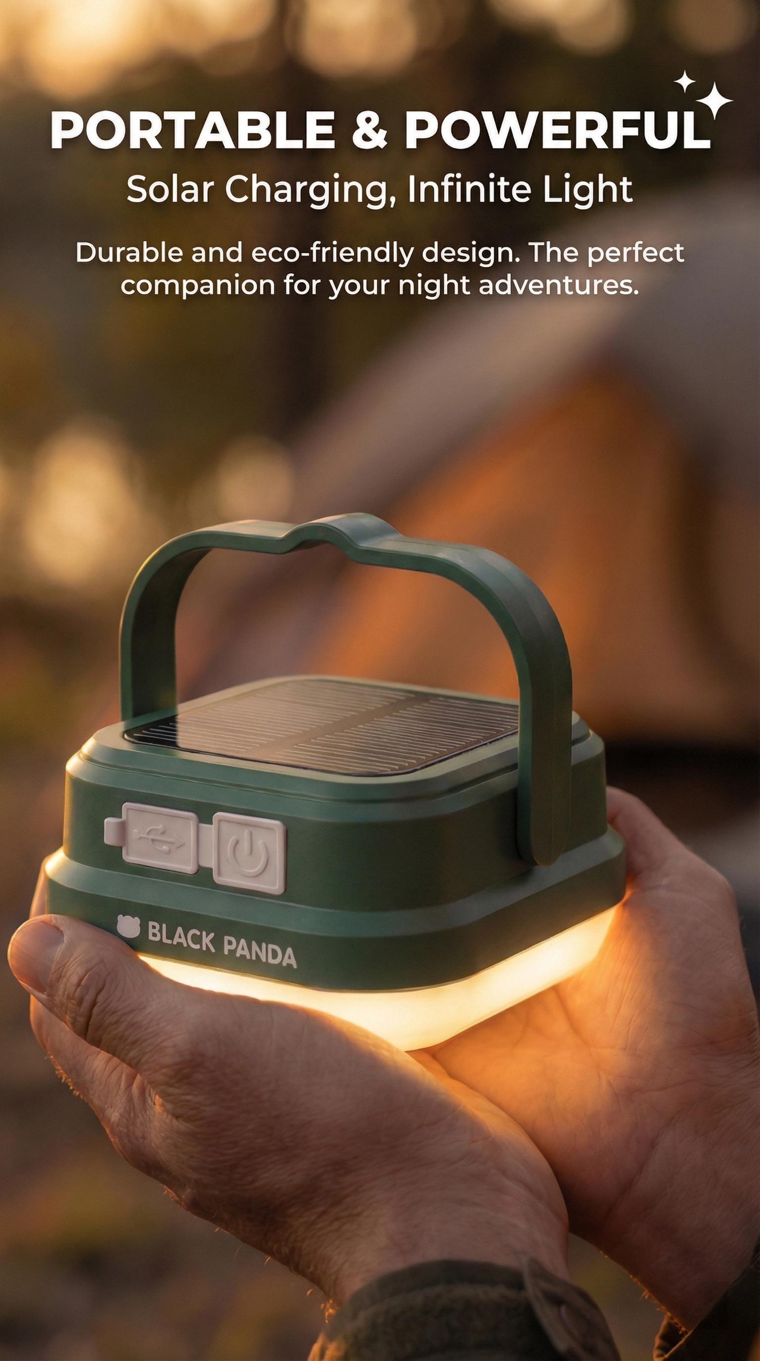 Black Panda Portable Solar Camping Lantern Solar & USB-C Dual Charging High Brightness Daily water resistant Multiple Lighting Modes