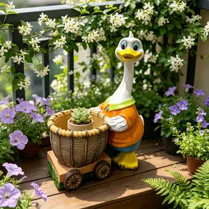 1 Pc Cute White Duck Cart Planter | Healing Pastoral Garden Style | Hand-painted, Waterproof & Sun-resistant, Fits Succulents & Small Plants | For Gardening & Plant Lovers | Perfect for Garden/Home Decor & Gifting