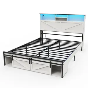 White Farmhouse Queen Bed Frame - Storage Headboard, Charging Station & LED Lights (3-in-1 Function), Sturdy Durable Frame with Rustic Details, Noise-Free Design for Bedroom Master Suite Rural Home Rental Space