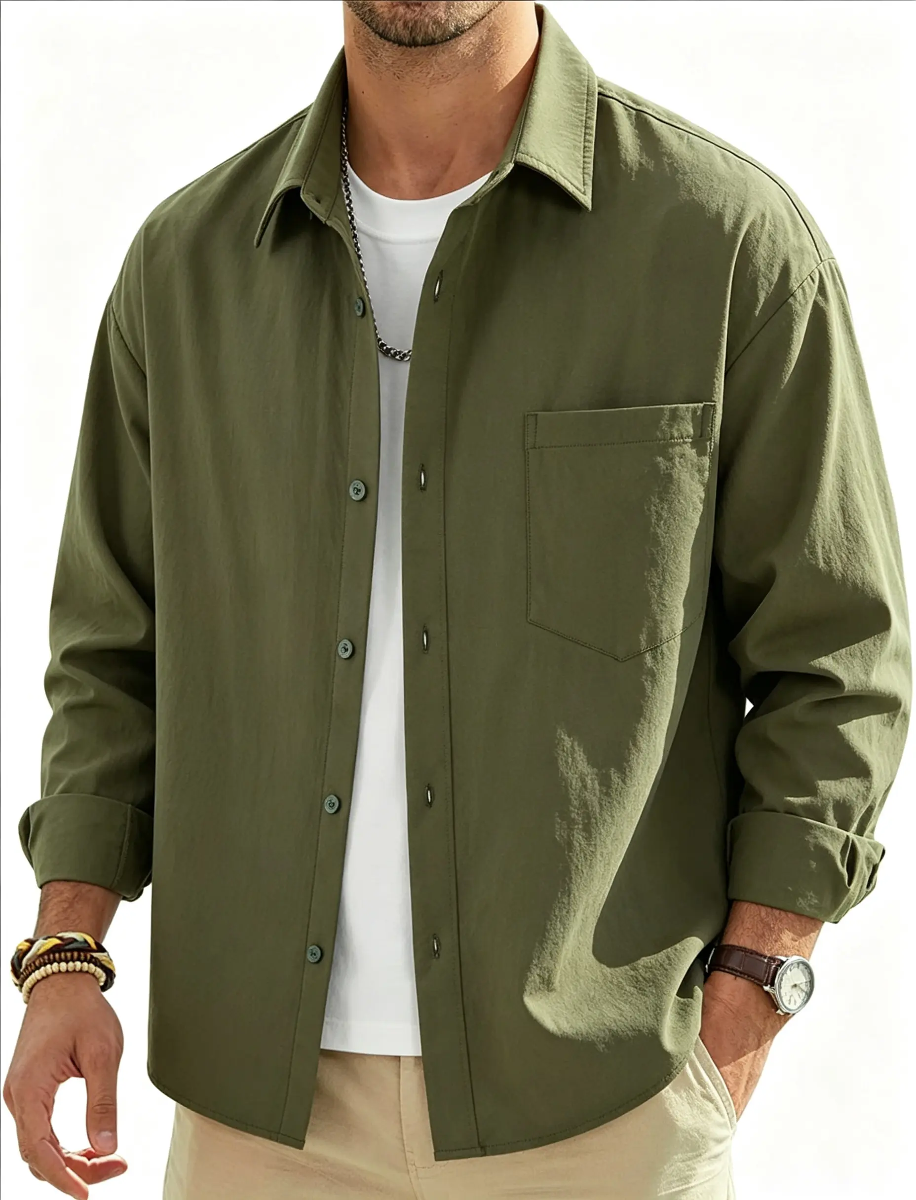 Men’s long-sleeve button-down shirts, casual loose-fit solid-color work shacket with pocket, lightweight relaxed collared shirt jacket for everyday wear