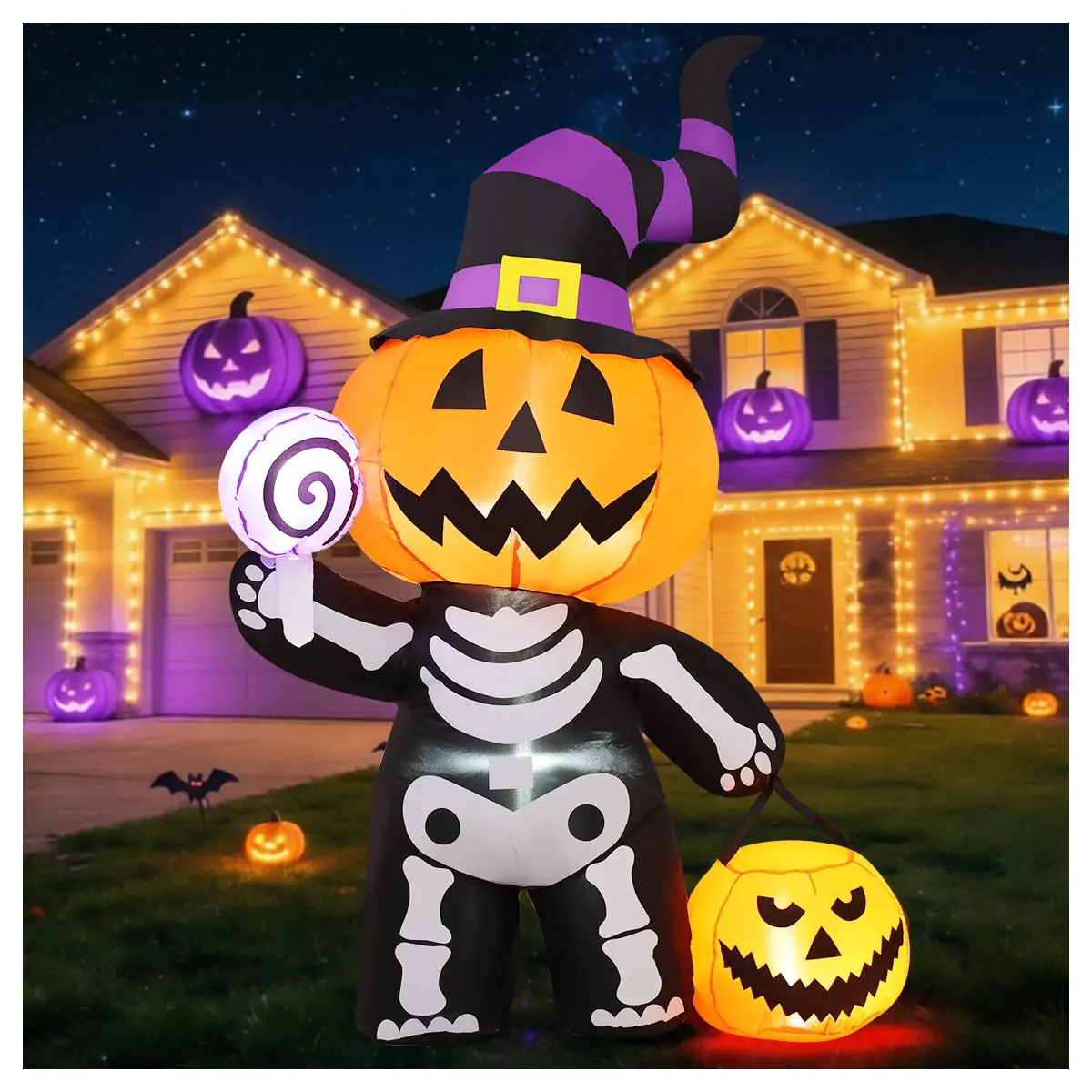 6 FT Halloween Inflatable Pumpkin Skeleton with Wizard Hat, Built-in LEDs, Waterproof Fabric - Blow Up Novelty Outdoor Display Decoration for Lawn, Porch, Halloween Party
