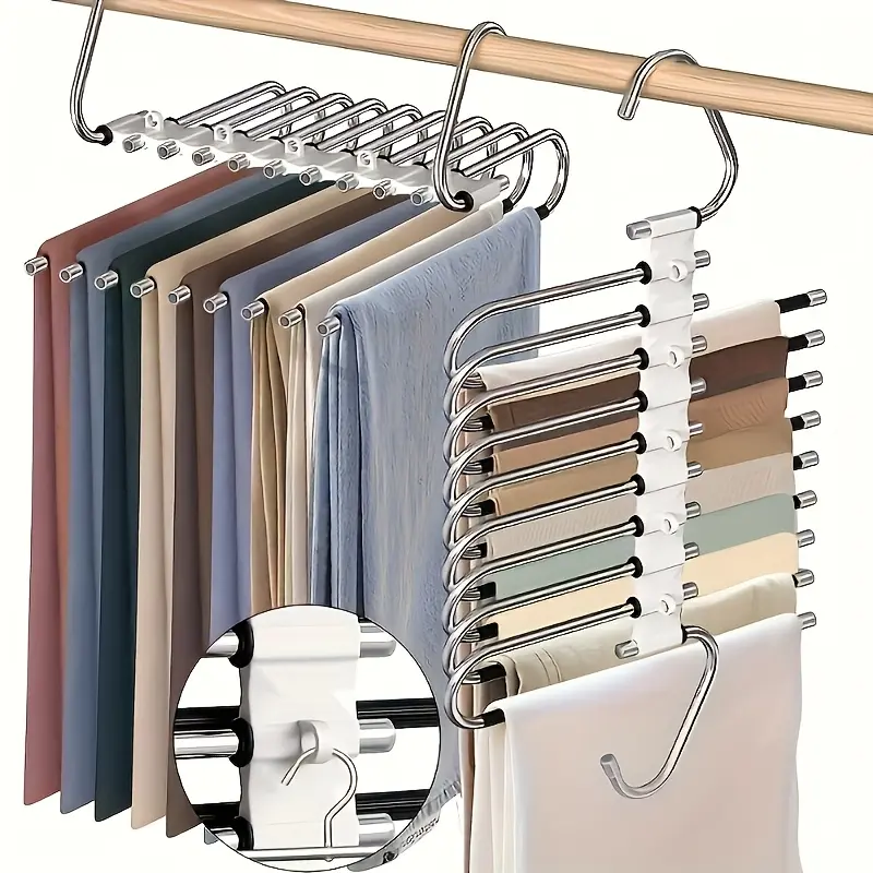 9-Tier Metal Pants Organizer Hanger - Closet Organization Pants Storage with Non-Slip Coating, 5 Hooks, Stainless Steel Build, Reduces 80% Clutter, Ideal for Slim Jeans & Denim, Festival Gift Option