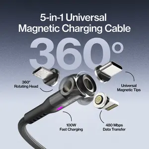STATIK 360 Pro Cable: 5-in-1 Universal Magnetic Charging Cable | 100W | Fast Charge | 480Mbps Data Transfer | 360° Rotating Head | Braided  Nylon