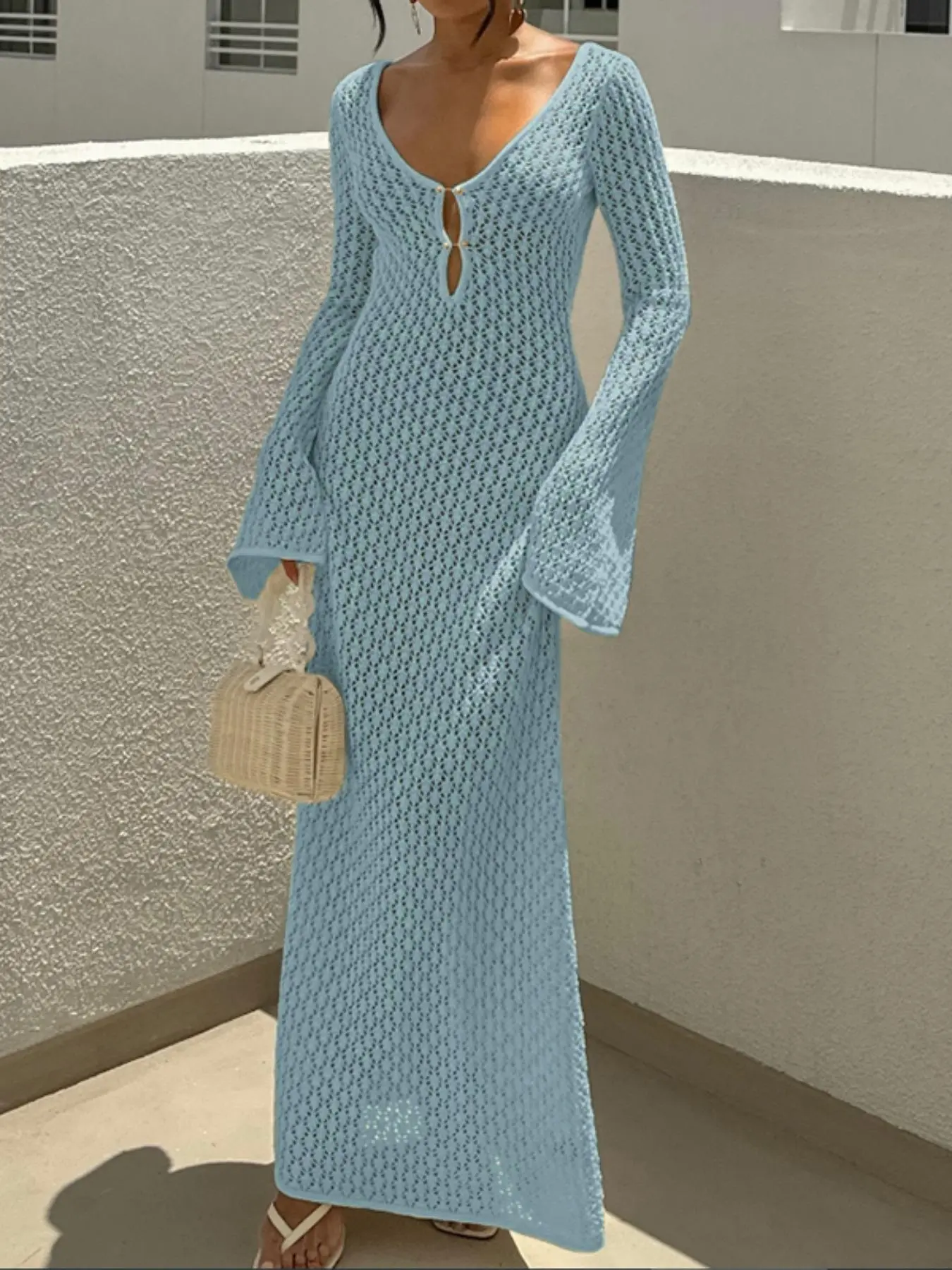 Women's Hollow Out Textured Long Sleeve Vacation Knit Beachwear Cover Up, Beach Sun Protection Backless Dress, Casual Fitted All Season Wear Beach Cover Ups