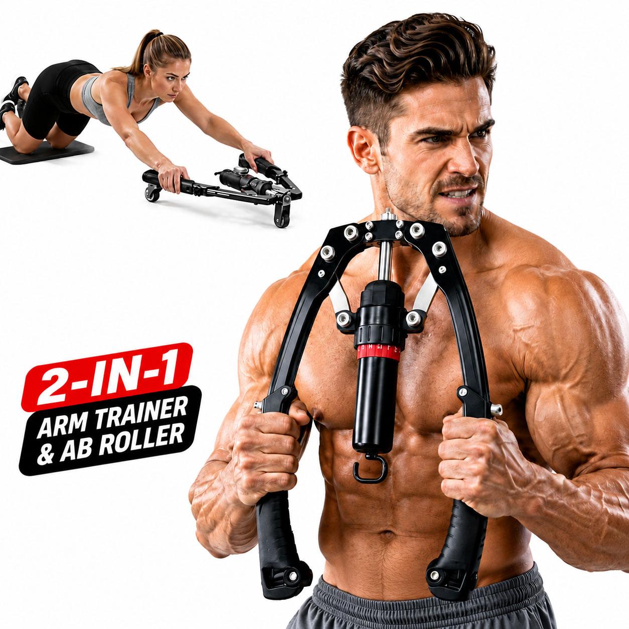 3-in-1 Hydraulic Chest Twister-Arm Trainer - Adjustable 22-440lbs Core Strength Training Equipment with Ab Roller Wheel Pad, Home Fitness Tool, Exercise Equipment That Adjusts to You for Home Gym Use