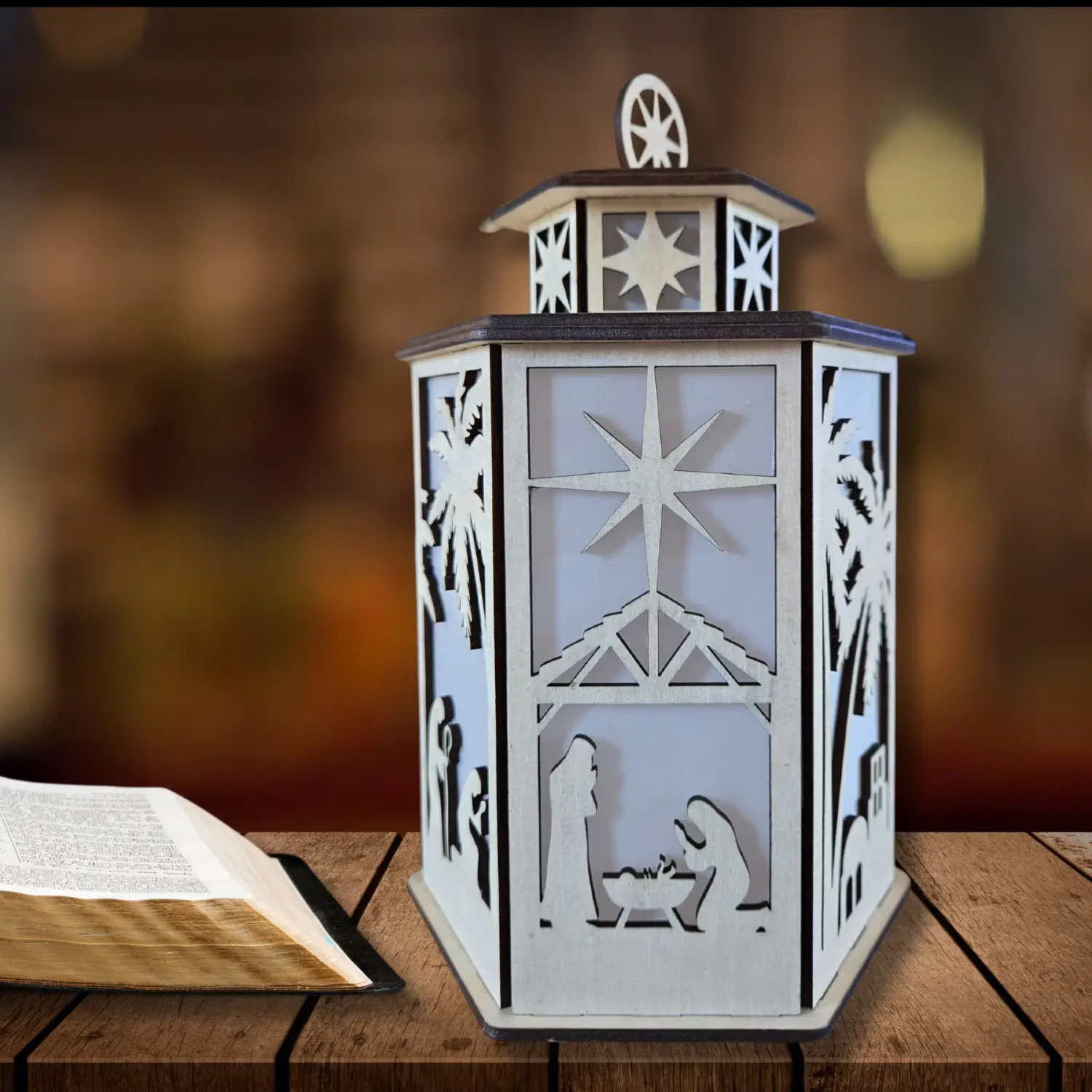 Hand-Crafted Nativity Tealight Lantern with Flickering Tealight - 16 Finish Choices Decor Gift Wood Glossy Wooden