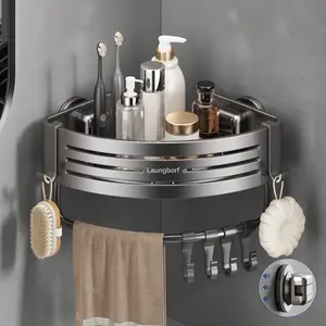 Suction Cup Shower Caddy, No-Drill Rustproof Aluminum Bathroom Shelf with Towel Bar and Hooks
