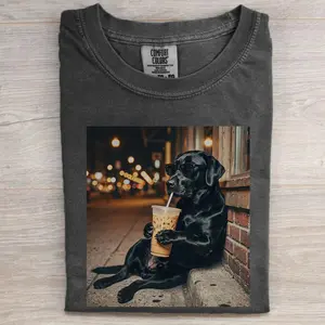 Funny Black Lab Drinking Iced Coffee T-Shirt, Cute Labrador Retriever Coffee Lover Tee, Dog Mom Dog Dad Shirt, Funny Summer Dog Graphic Tee, Gift for Lab Lovers, Gift for Men Women