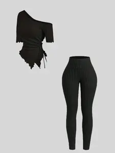 Two-Piece Set Women's Fitted Solid Ribbed Top & Skinny Pants, Casual Fashion Cozy Round Neck Top & Trousers for Daily Outdoor Wear, Women's Clothing Womenswear for Spring Fall, Suits