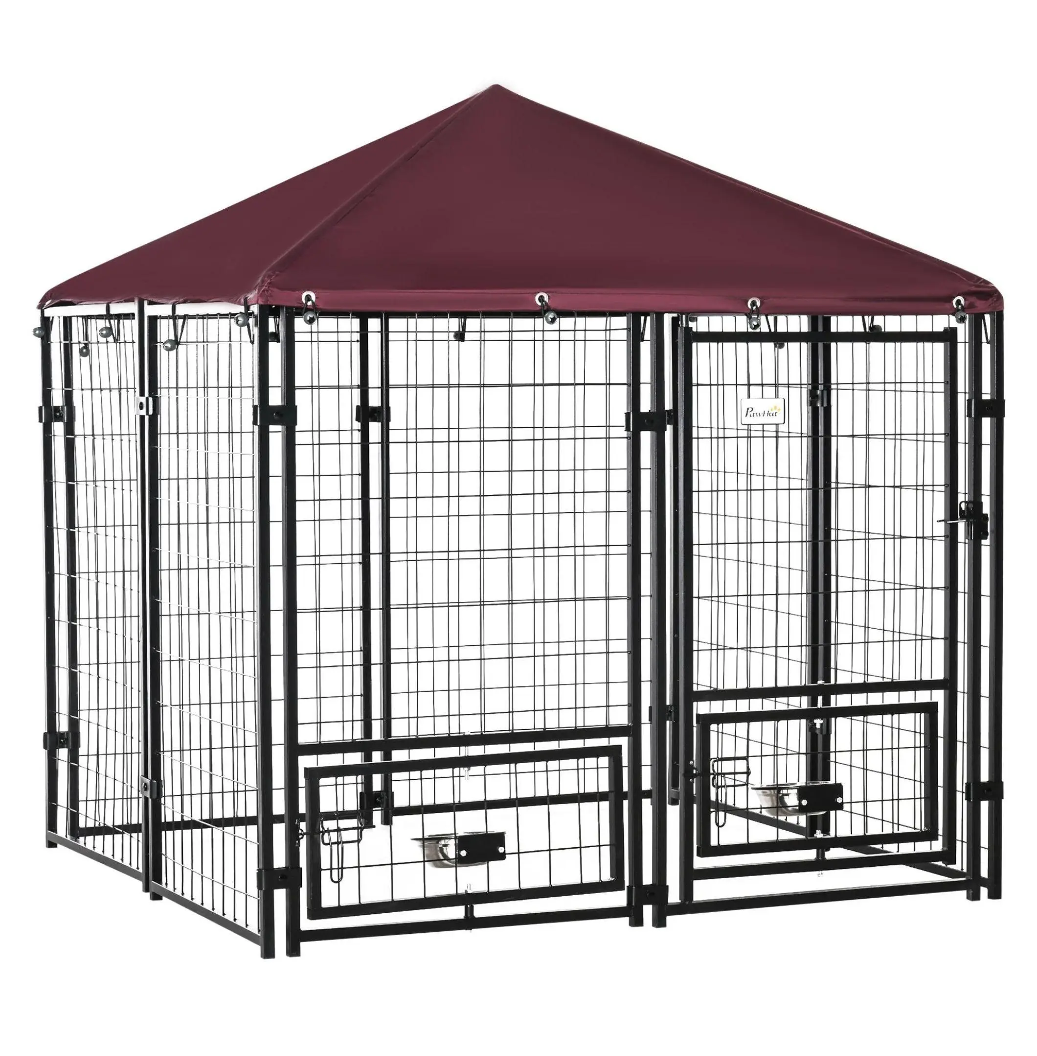 Red Wire Steel Mesh Outdoor Dog Kennel - Single Unit 5x5 Dog Run Enclosure with Canopy, Weatherproof Pet Play Area, Rotating Bowl Holders, Lockable Gate