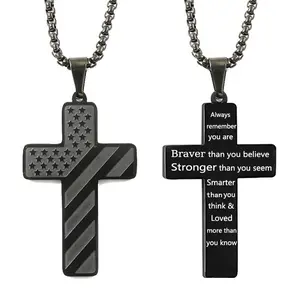 gift Cross Necklace with Bible Verse &American Flag Pendant- Stainless Steel Men's Jewelry Gift I Faith-Inspired, Bold & Patriotic Chain for Him fashion jewelry american flag pendant-stainless steel men