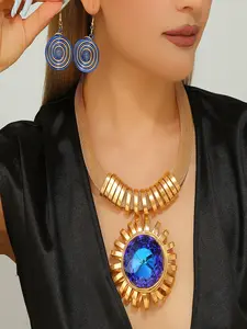 Artisan Crafted Crystal Sunflower Jewelry Set Statement Necklace Earrings Boho Style