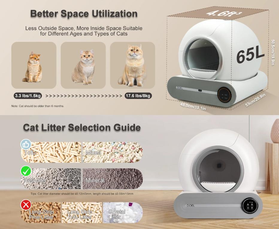 Self Cleaning Cat Litter Box 65L Automatic Cat Litter Box w/ Trash Bag & Litter Mat Smart Cat Toilet App Control 2.4G WiFi