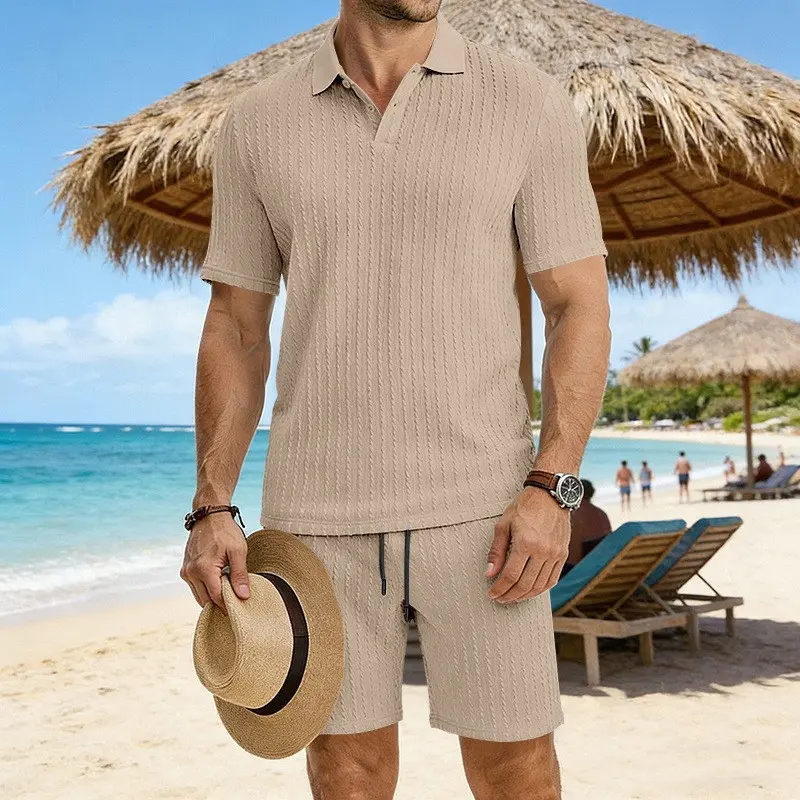 Men's Summer Textured Stretch Polo Shirt and Shorts Set, Casual Two-Piece Outfit, Lightweight Breathable Relaxed Fit Beach Vacation Travel Daily Wear, Minimalist Stylish Comfortable Summer Loungewear