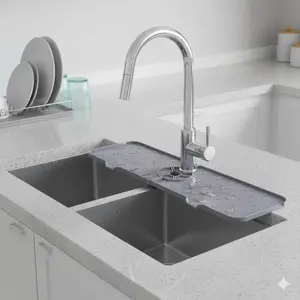 Silicone Sink Splash Guard, Anti-Slip Drip Tray, Universal Kitchen Bathroom RV Sink Mat, Dishwasher Safe Water Absorbent Pad, Counter Protector, Anti-Mold Splash Prevention with High Edge