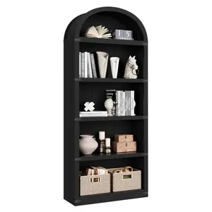 Farmhouse Arched Bookcase Cabinet with Doors – 71.65" Tall 5-Shelf Wooden Display & Storage Rack for Home Office, Living Room – Deep White