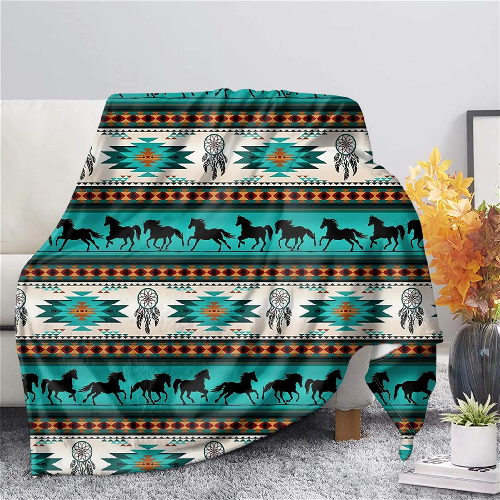 Horse Print Dream Catcher Flannel Lightweight Throw Blanket - Wrinkle Resistant, Anti-Pilling, Multi-Size, Machine-Washable Couch & Bed Cover