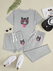 Women's Cartoon Tiger Head Print Sleepwear Set, Casual Fitted Three-Piece Pajamas, All Seasons Comfortable Nightwear