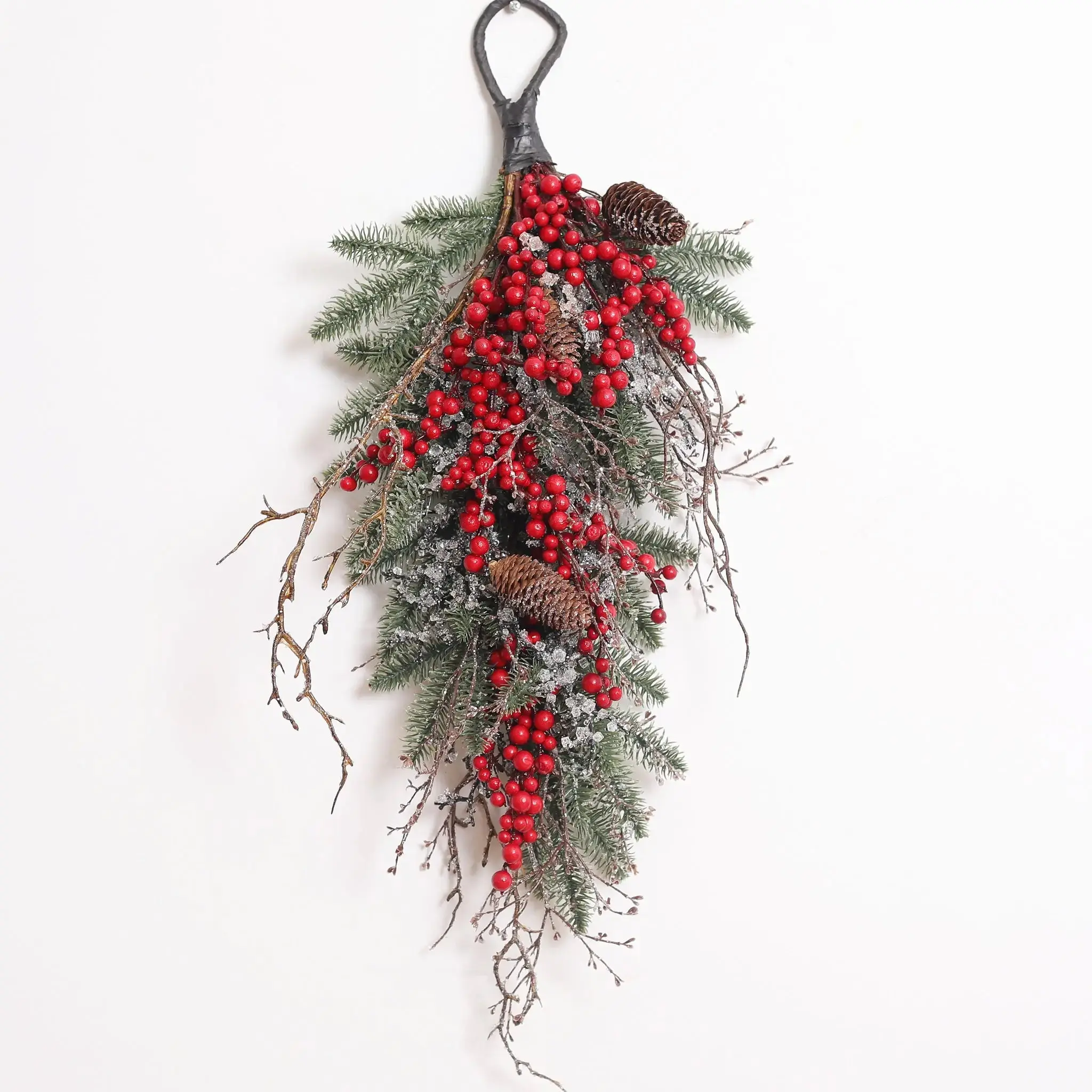 Lifelike Drop Shape Waterproof Christmas Teardrop Hanging Swag - Decor Accessories with Red Berries, Pinecones, Iced Twigs - Imported Festive Decoration for Front Door, Room Decorations, Decorating My Apartment