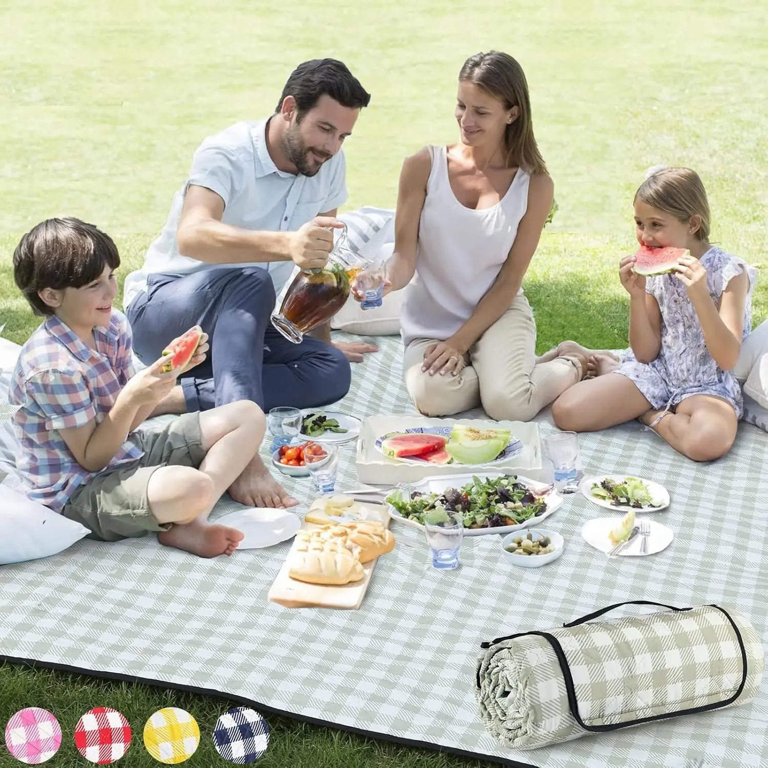 Picnic Outdoor Blanket, 80''x80''  Foldable Blankets Gingham Picnic Mat for Beach, Camping Grass Lawn Park Accessories Cute Couple Gifts Ideas Wedding Registry(Green White)